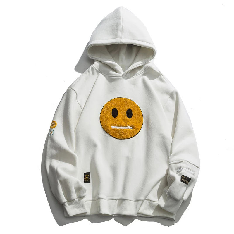 Zipper Pocket Smile Face Patchwork Fleece Hoodie