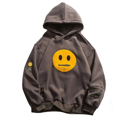 Zipper Pocket Smile Face Patchwork Fleece Hoodie