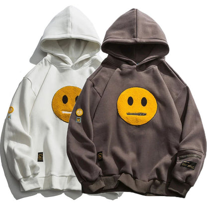 Zipper Pocket Smile Face Patchwork Fleece Hoodie