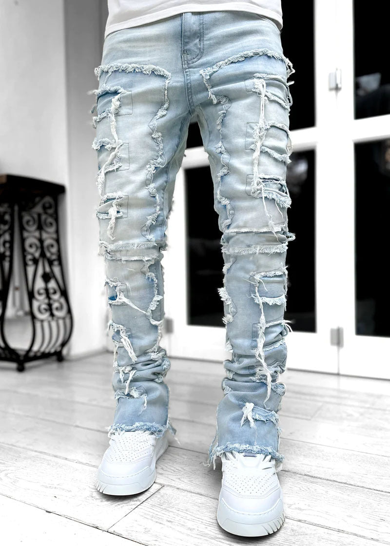 Men Fitted Patched Stacked Jeans