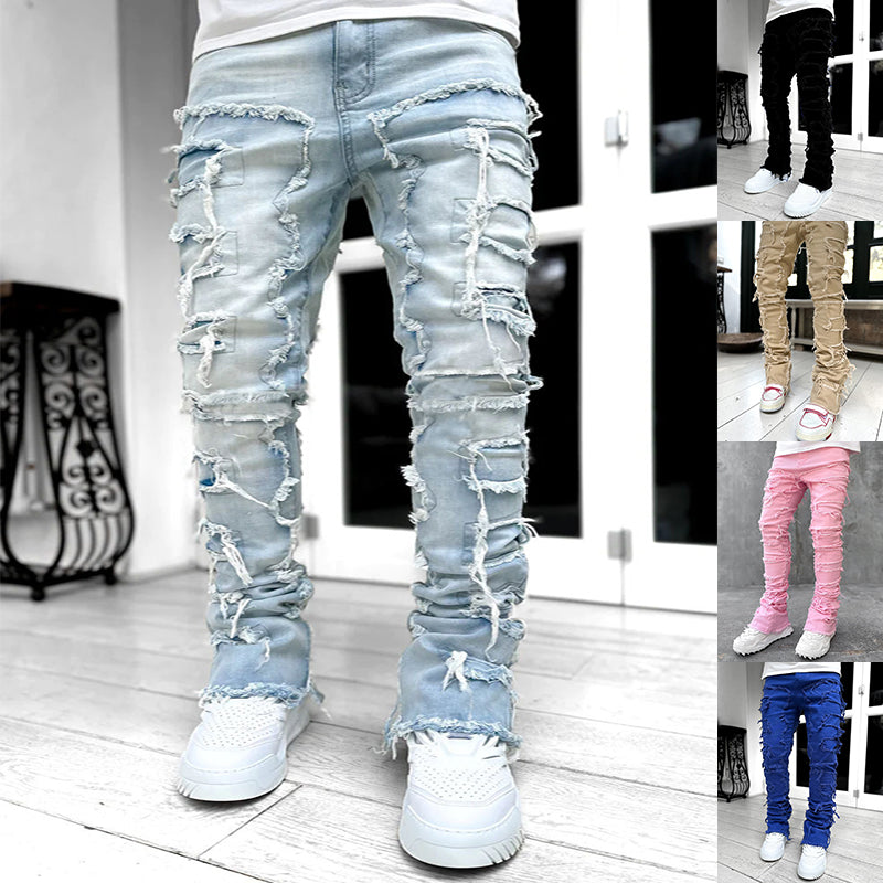 Men Fitted Patched Stacked Jeans