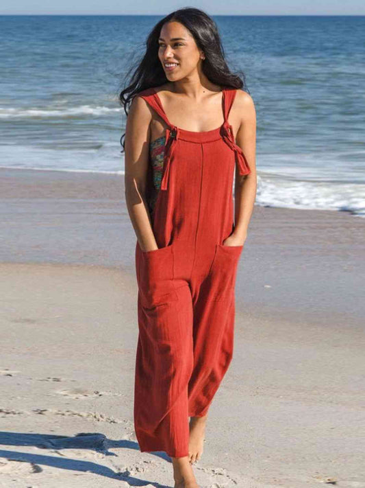 Sleeveless Straight Neck Pocketed Jumpsuit