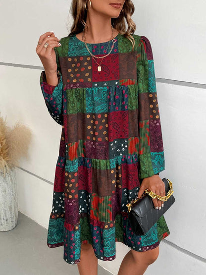 Patchwork Round Neck Long Sleeve Dress