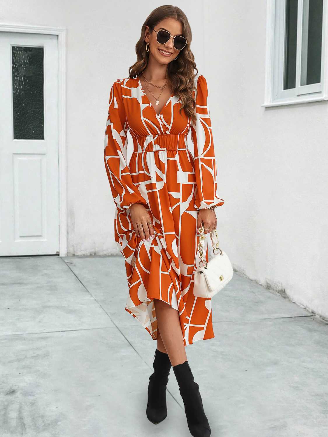 Surplice Neck Long Sleeve Midi Dress