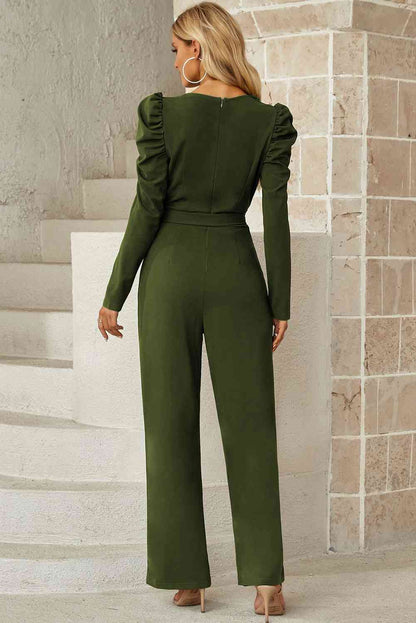 Belted Long Puff Sleeve V-Neck Jumpsuit