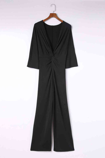 Twisted Plunge Three-Quarter Sleeve Jumpsuit