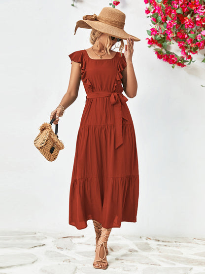 Tie Belt Ruffled Tiered Dress