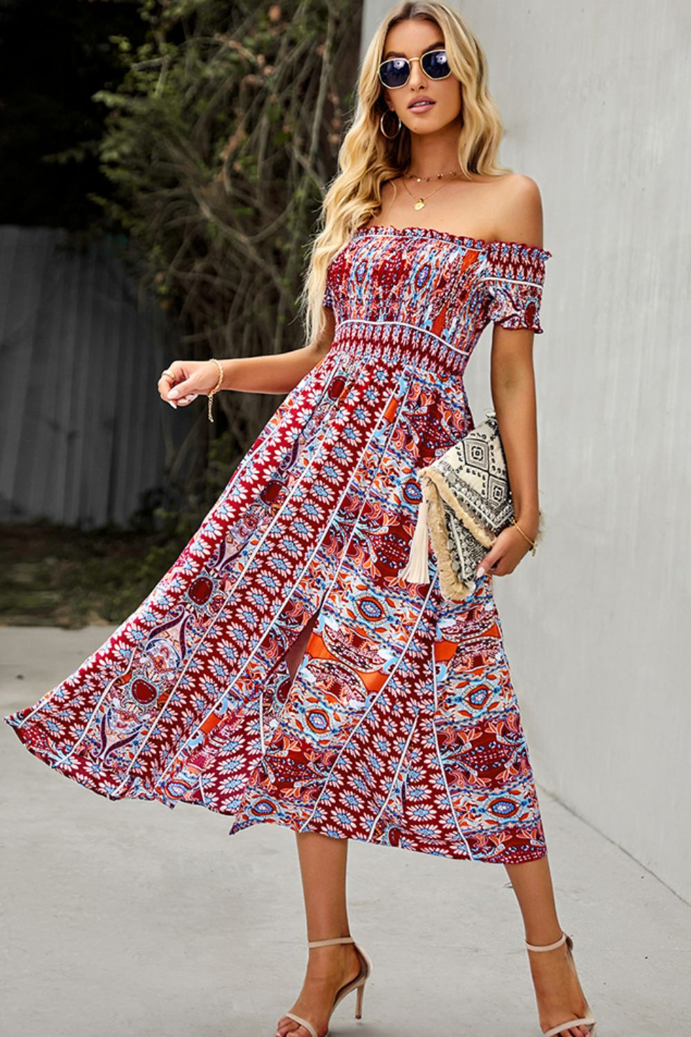 Bohemian Off-Shoulder Frill Trim Split Dress