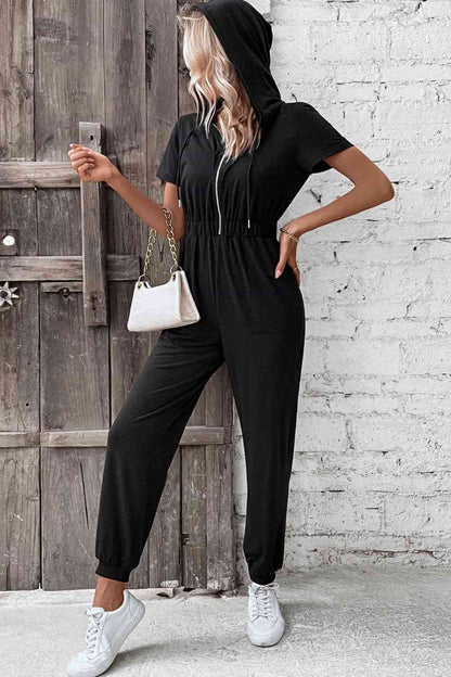 Zip-Up Short Sleeve Hooded Jumpsuit with Pockets