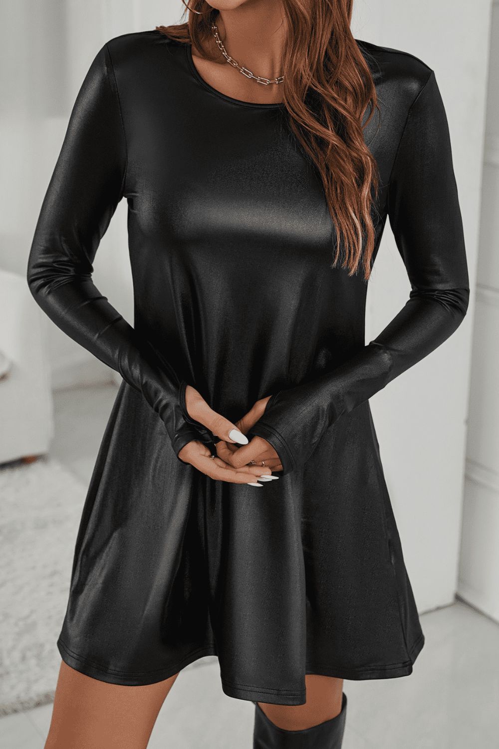 Round Neck Long Sleeve Mini Dress